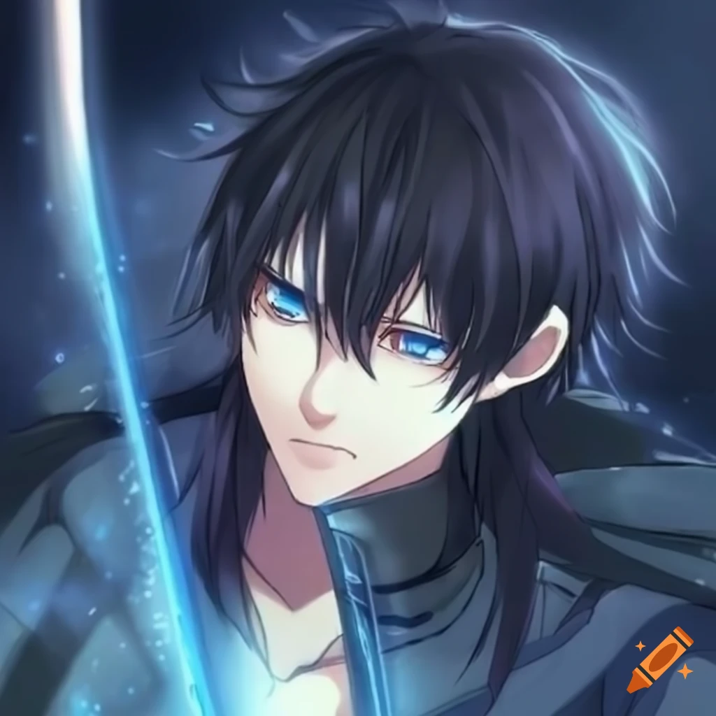 Anime character with black hair and blue eyes holding a sword on Craiyon