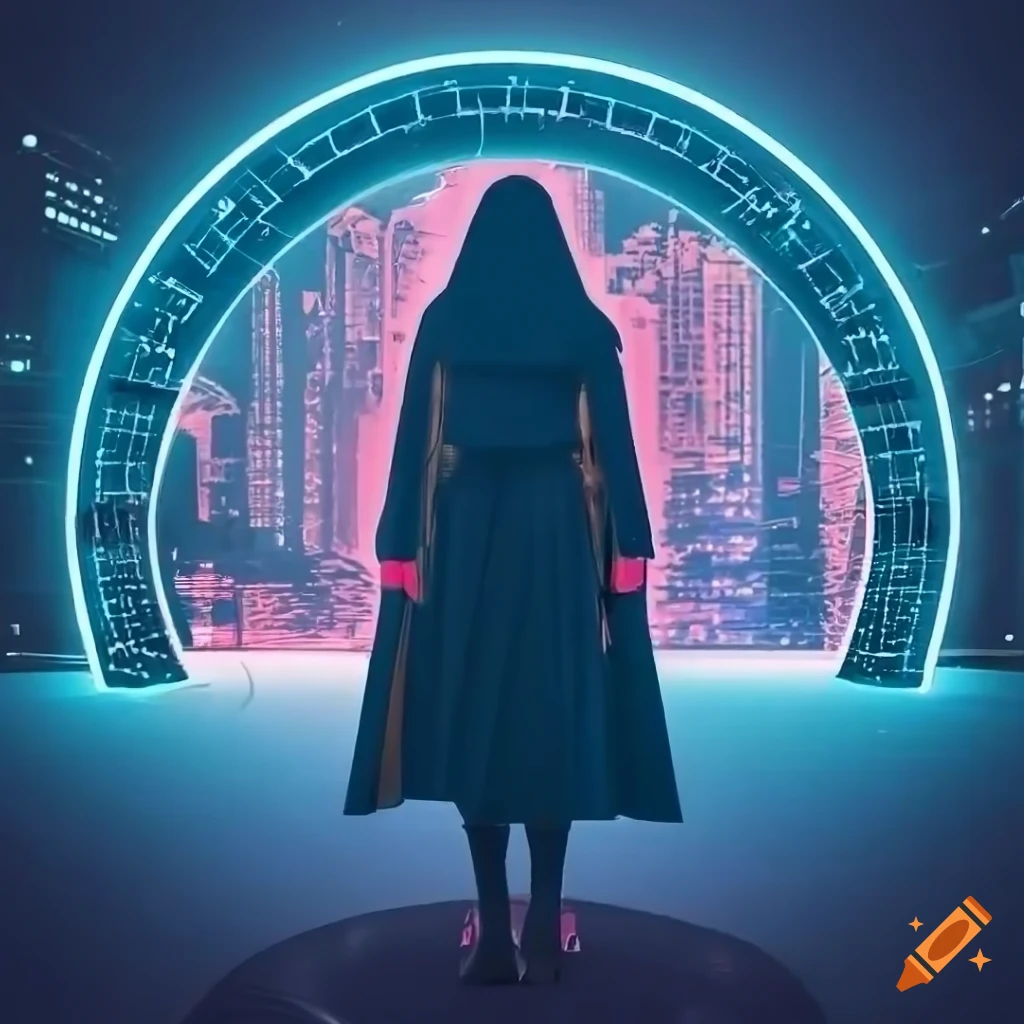 Girl standing in a futuristic city with neon lights on Craiyon