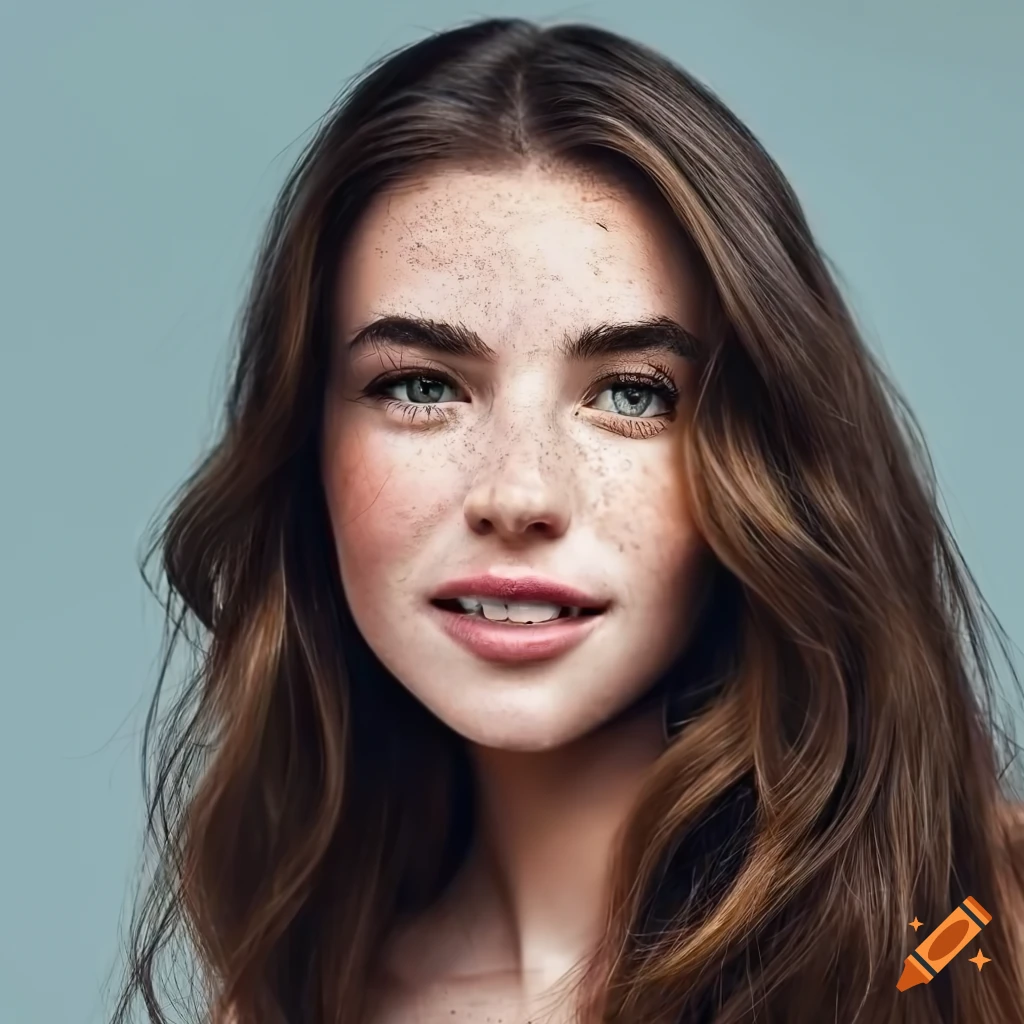 Portrait of a beautiful young woman with freckles and dark brown hair ...