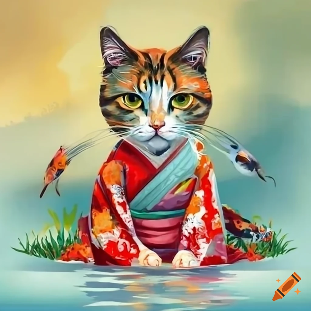 cat wearing a colorful kimono in a garden