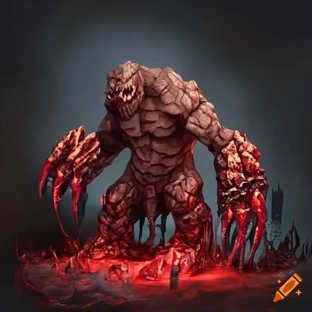 dark fantasy rock golem with red crystal claws