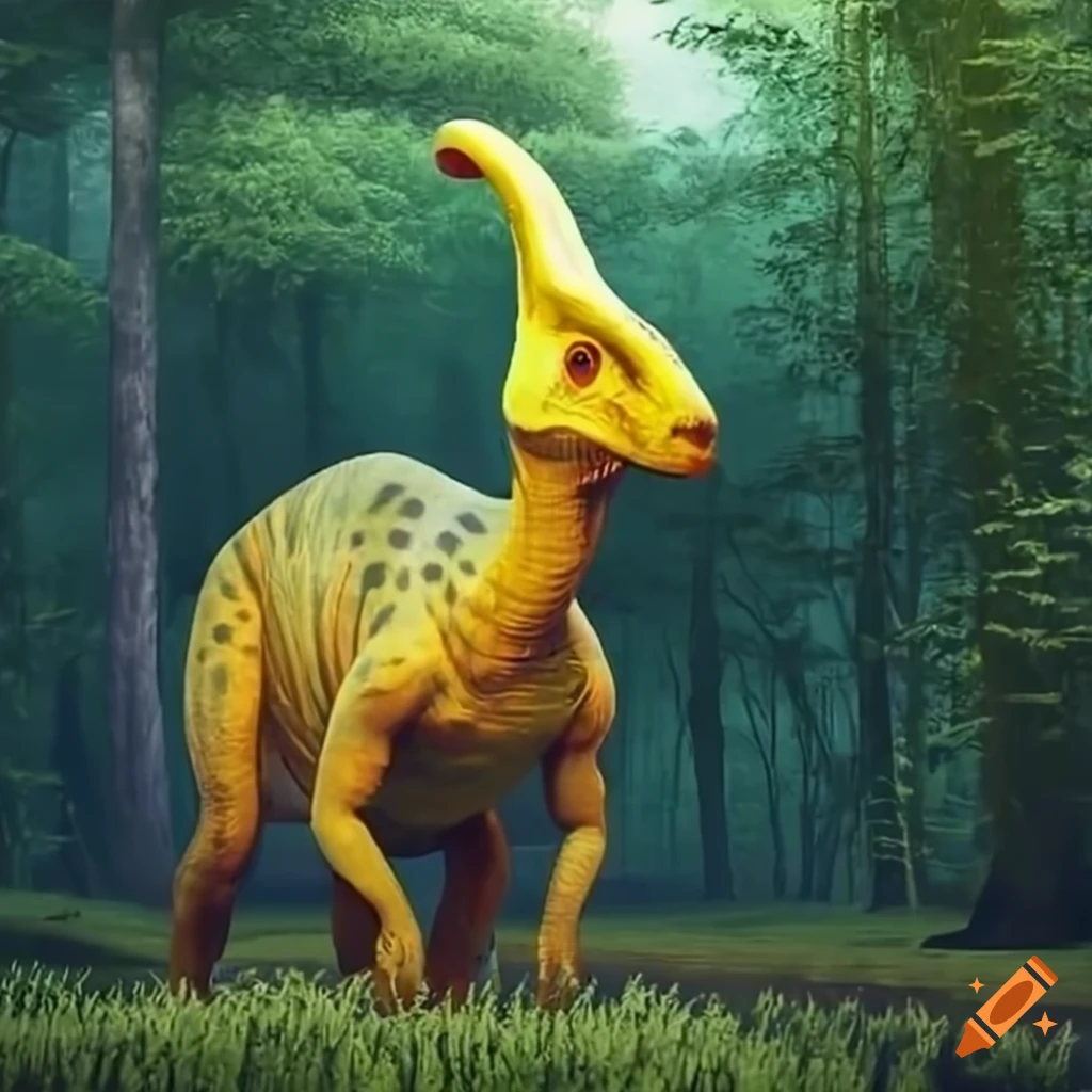 Image of a hidden yellow parasaurolophus in the forest