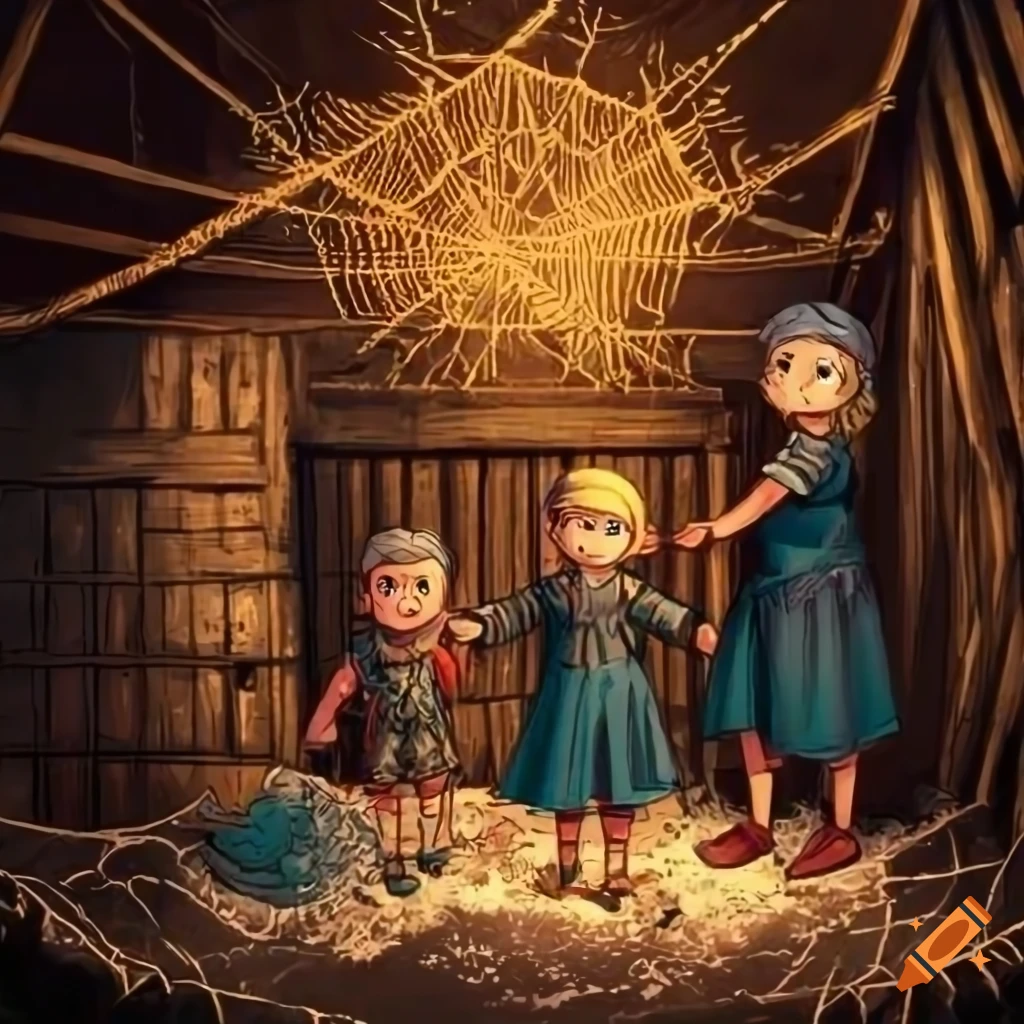 comic-style illustration of children in an old wooden building