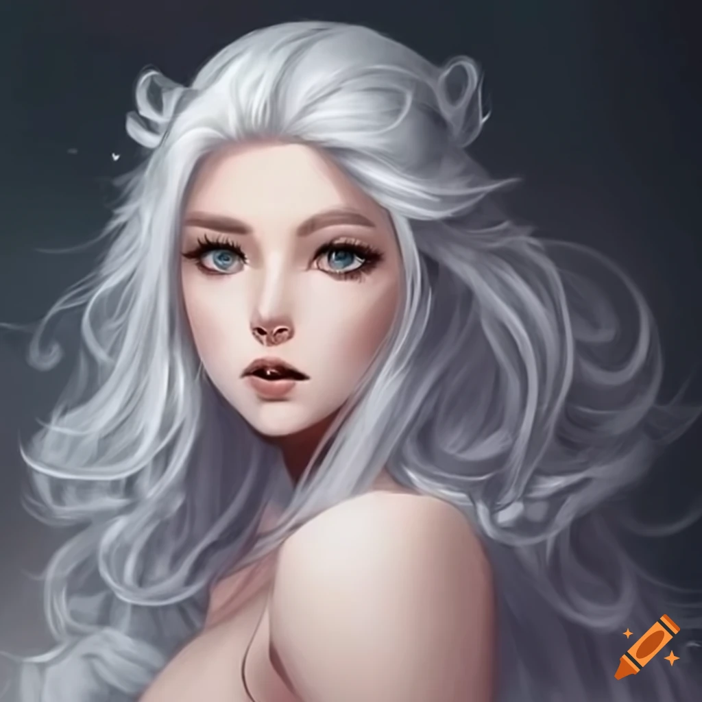 portrait of a queen with long white wavy hair and grey silver eyes