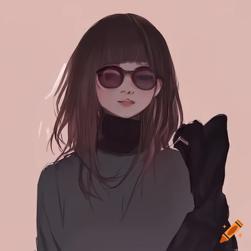 Anime girl with long brown hair and round sunglasses on Craiyon