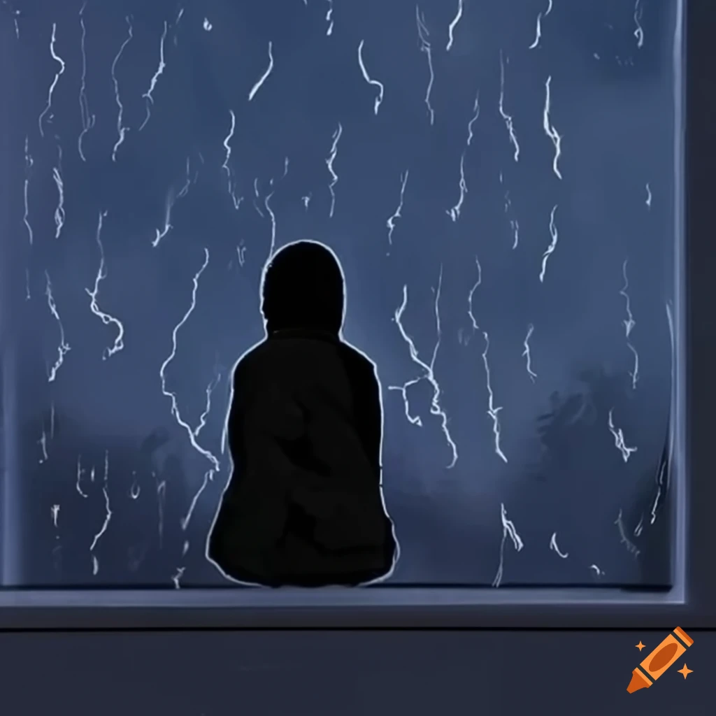 anime character sitting by the window during a storm