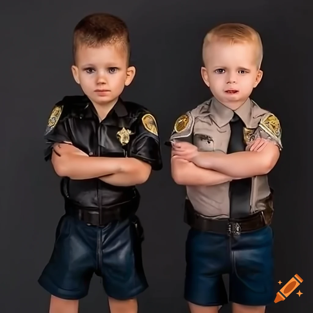 close-up of three toddler boys in California Highway Patrol uniform