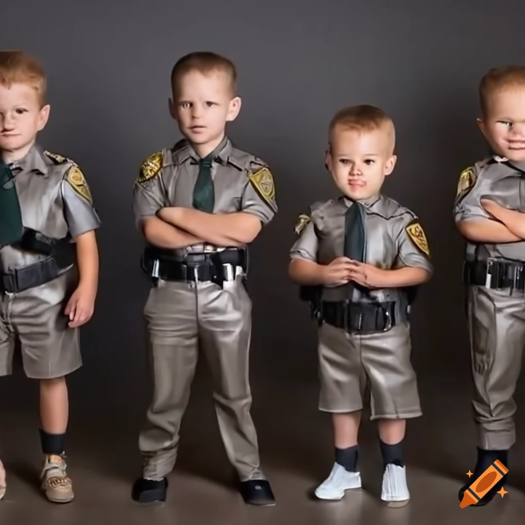 close-up of three toddler boys in California Highway Patrol uniform
