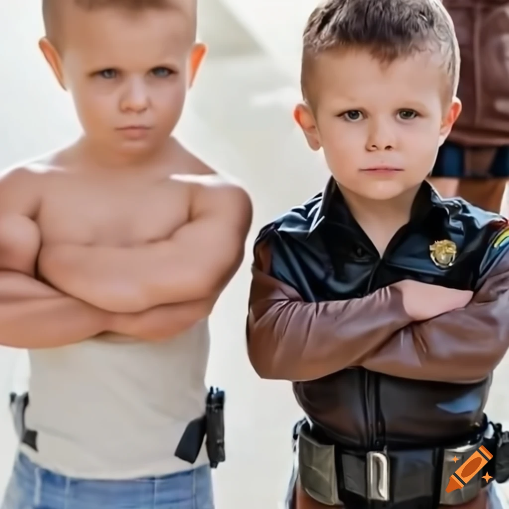 close-up of three toddler boys in California Highway Patrol uniform