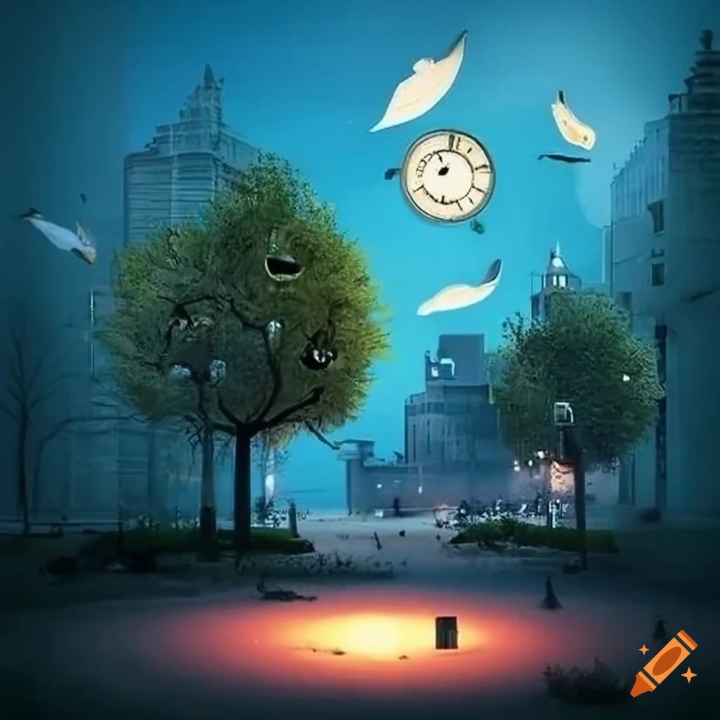 surrealist urban park design with magical elements