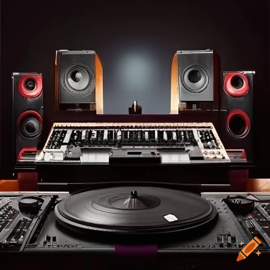 professional music studio with speakers, turntable, and mixer