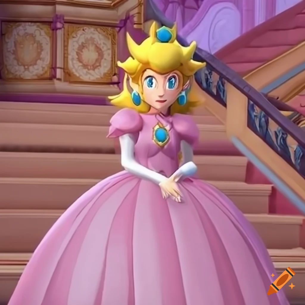 Link in princess peach's ballgown descending a staircase on Craiyon