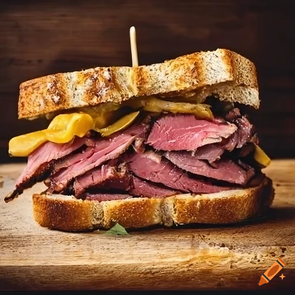 Delicious pastrami sandwich with tangy mustard sauce on Craiyon