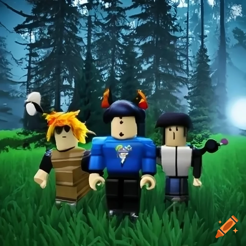 Three roblox players standing in a garden three players