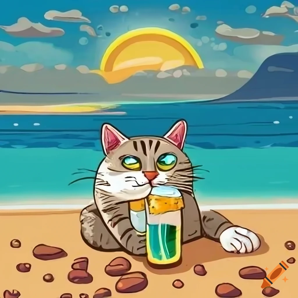 Cartoon art of a cat enjoying a beer on the beach in Lanzarote on Craiyon
