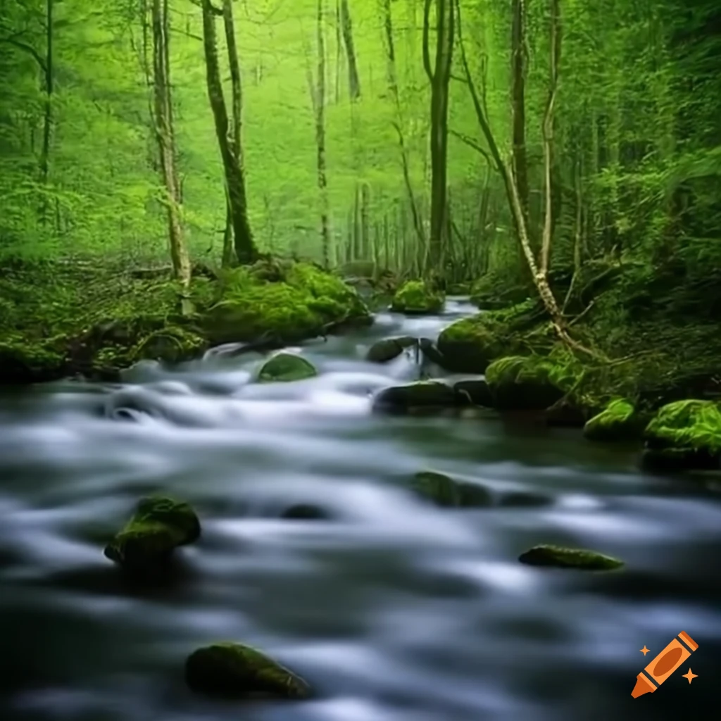 Serene landscape with a flowing stream in a lush forest