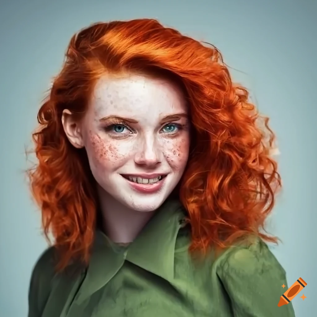 Portrait of a smiling woman with red hair and freckles on Craiyon