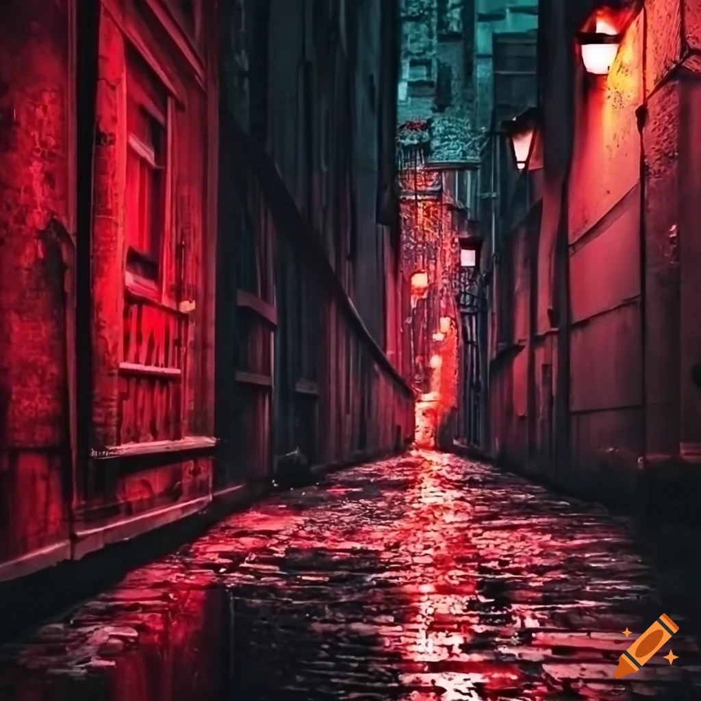 photograph of a dark and rainy alleyway