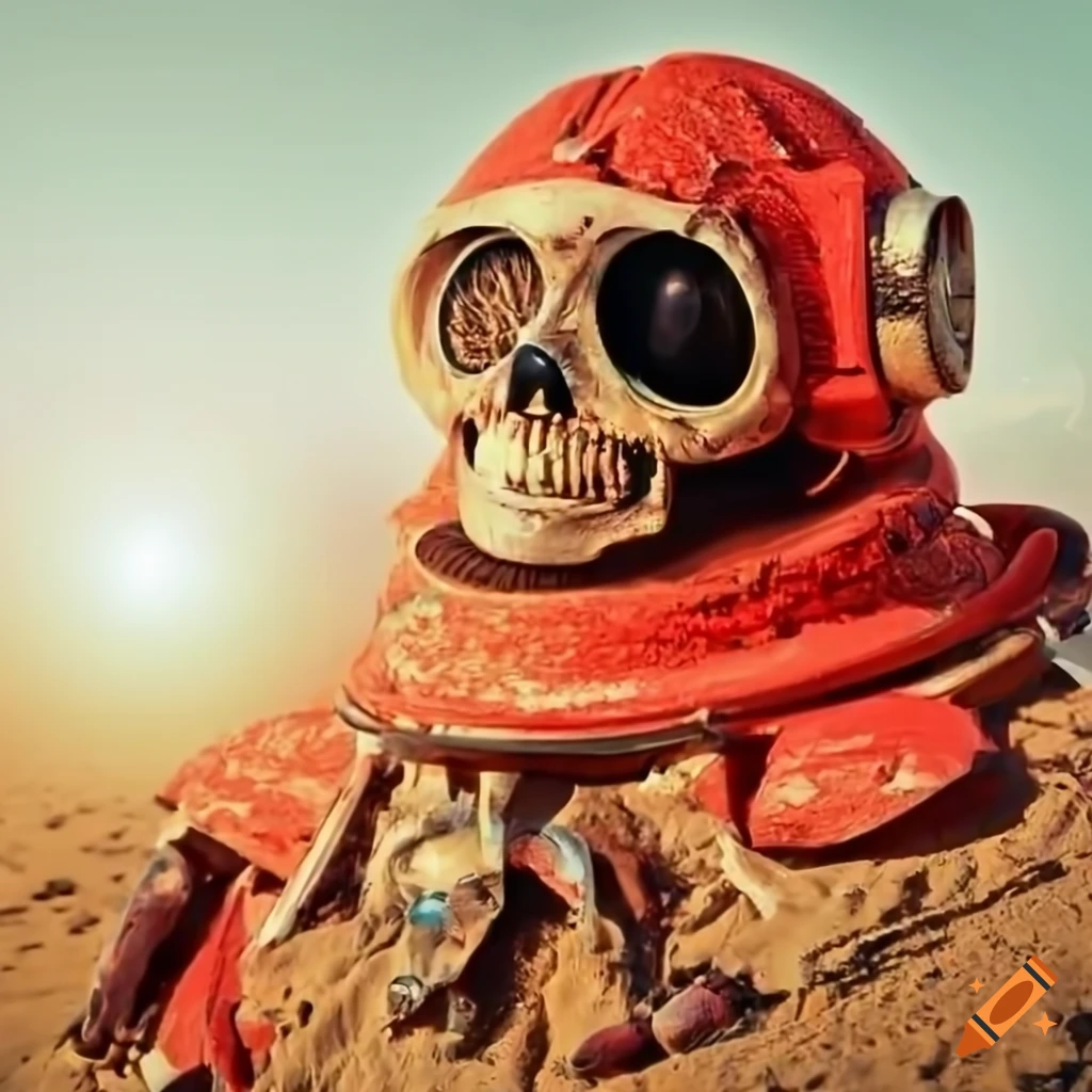 up-close image of a weathered skeleton in a red space suit in the desert