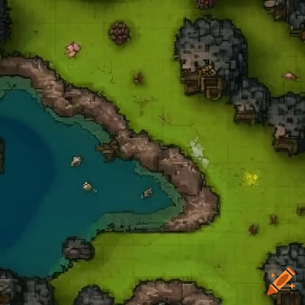 RPG style pixel art battlemap with meadow and mountain path