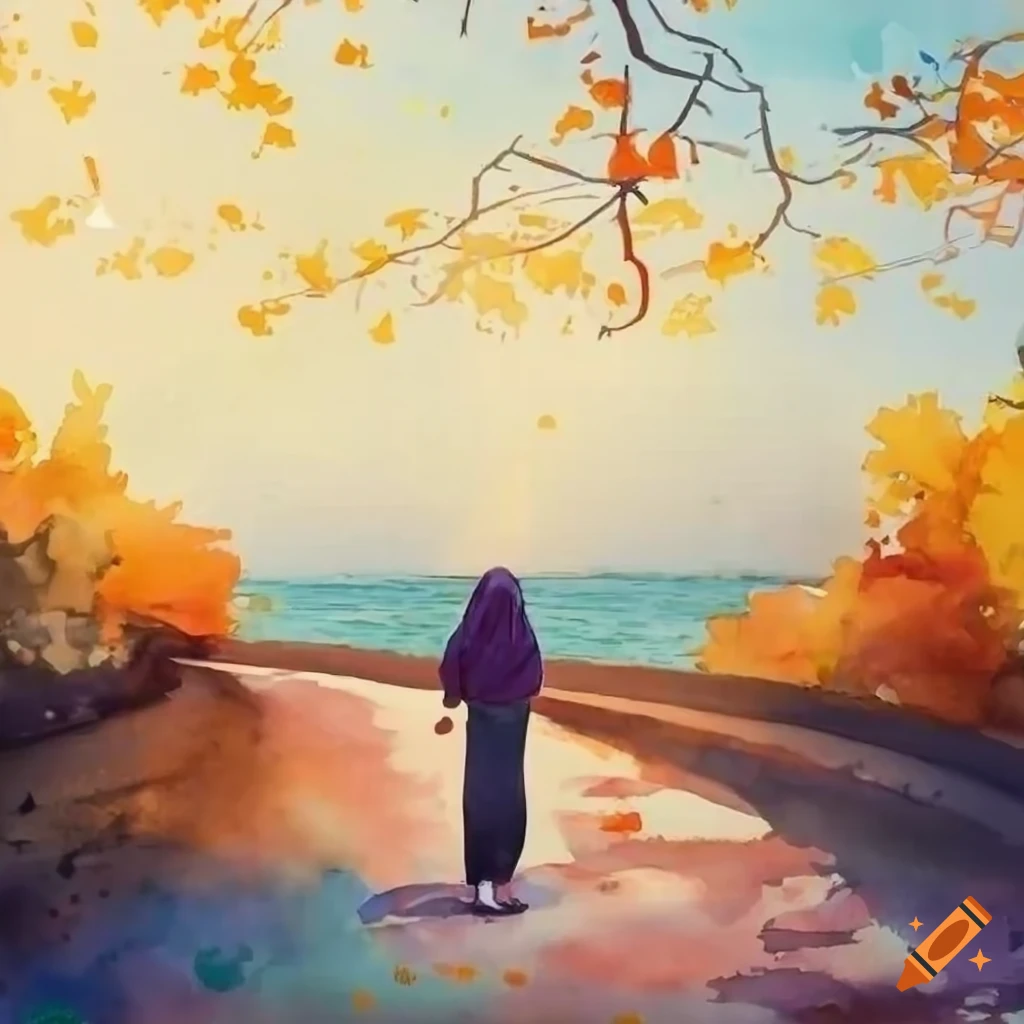 watercolor painting of a girl in hijab walking on an autumn road