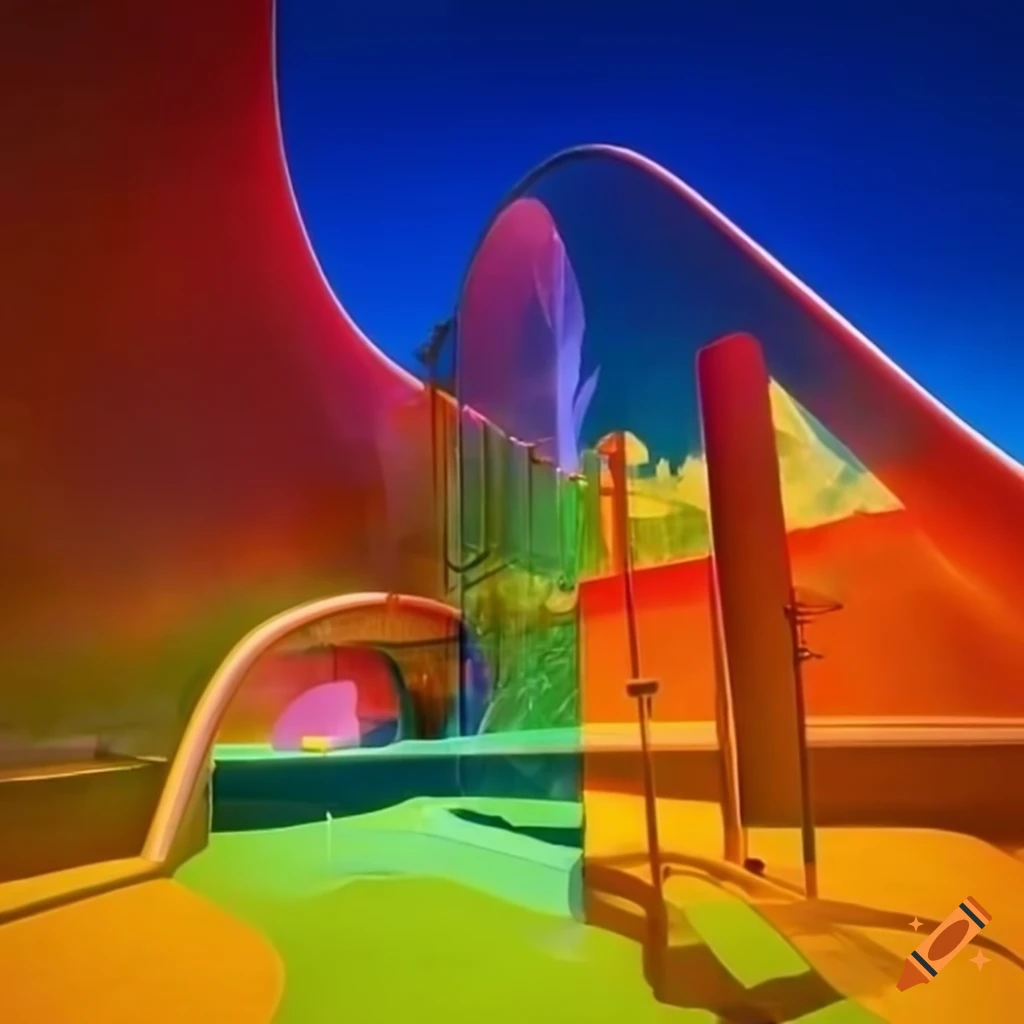 surrealist playground with colorful glass structures