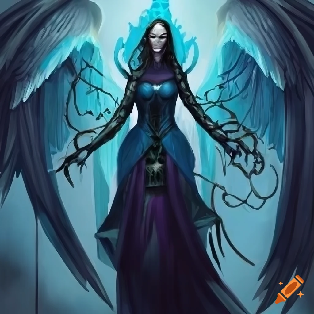 Art of a necromancer and a phyrexian angel in blue black robes