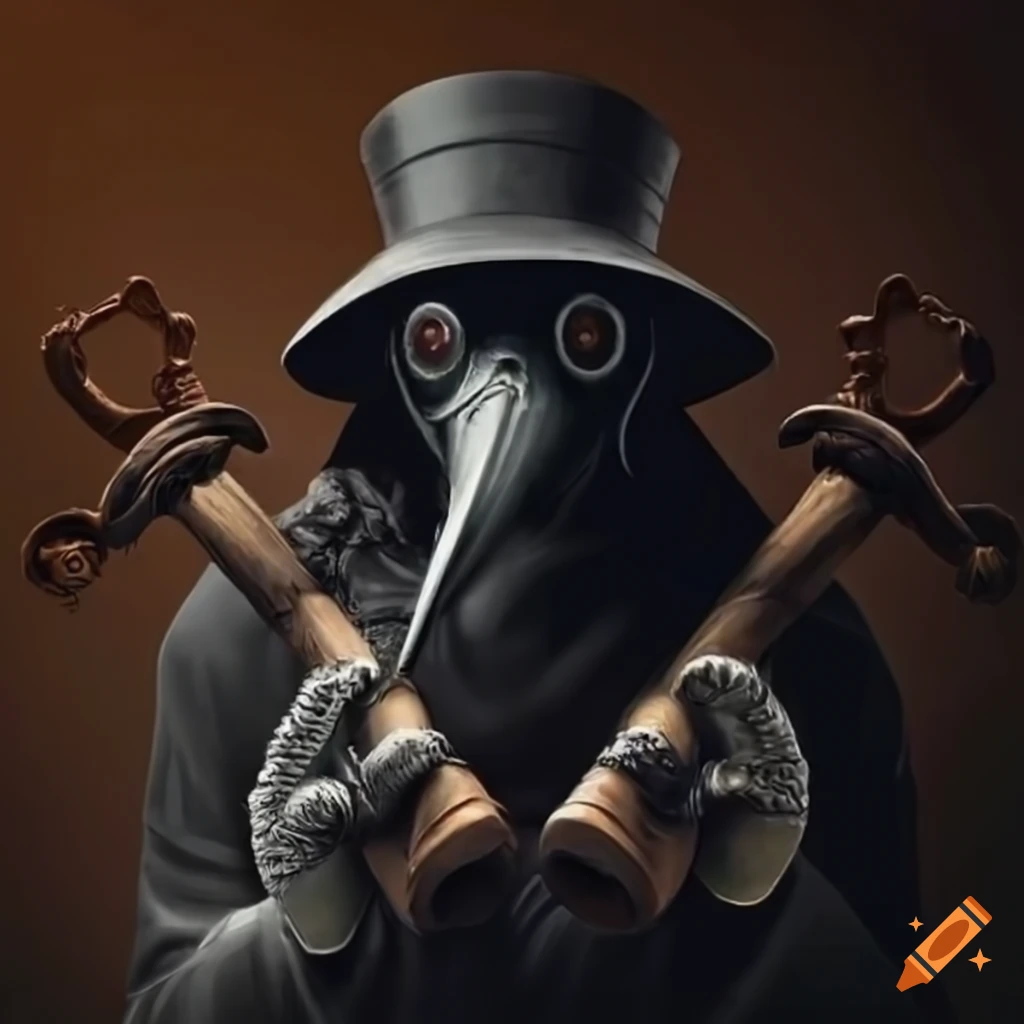 plague doctor with crossed cannons in the background
