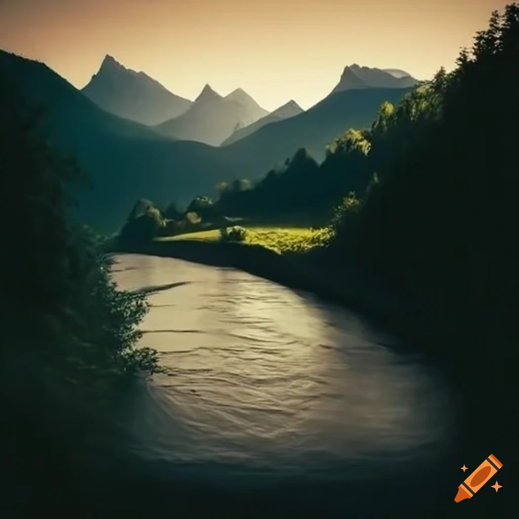 Scenic view of a house, mountain, and river