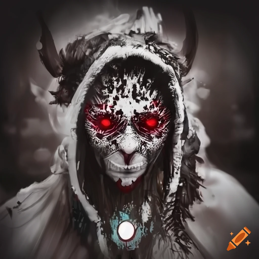 black and white painting of a masked shaman with red glowing eyes