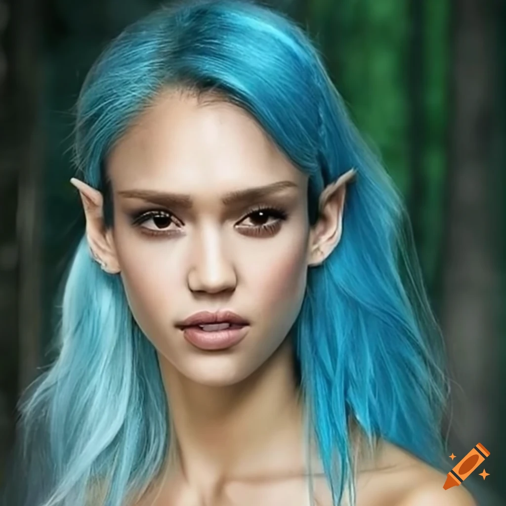realistic depiction of Jessica Alba as a blue-haired elf