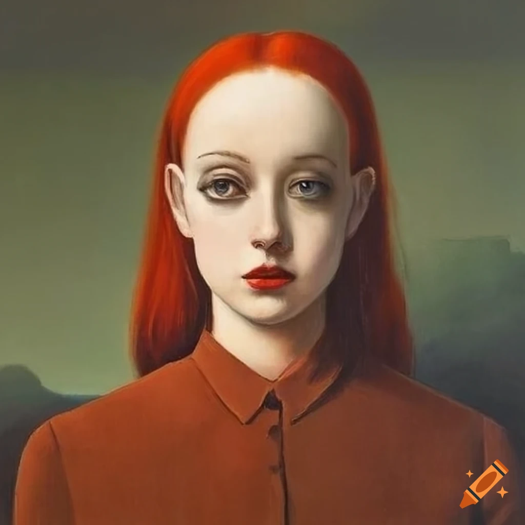 Portrait of a woman with black eyes and red hair on Craiyon