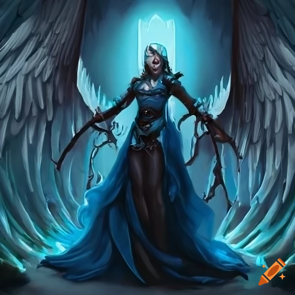 Art of a necromancer and a phyrexian angel in blue black robes
