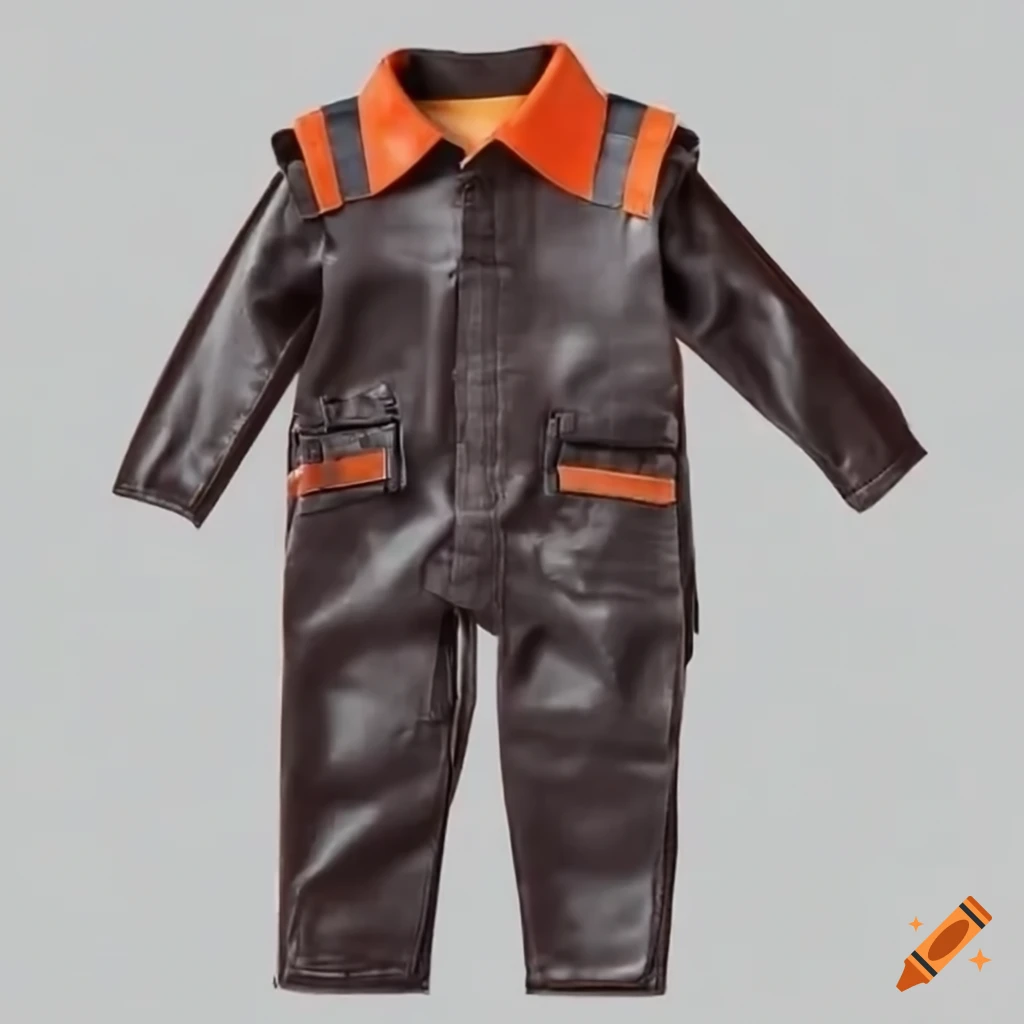 toddler boy in leather workwear outfit on building site