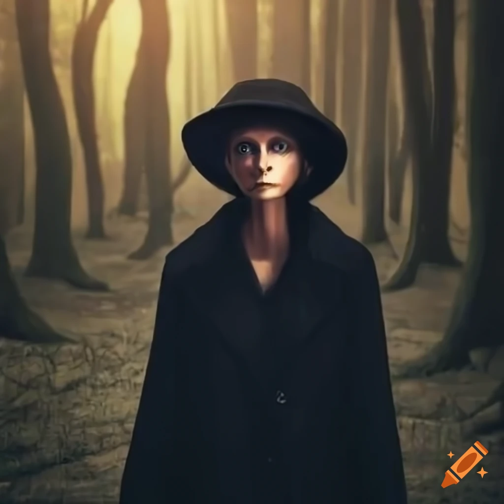 Person in black coat and hat in the forest
