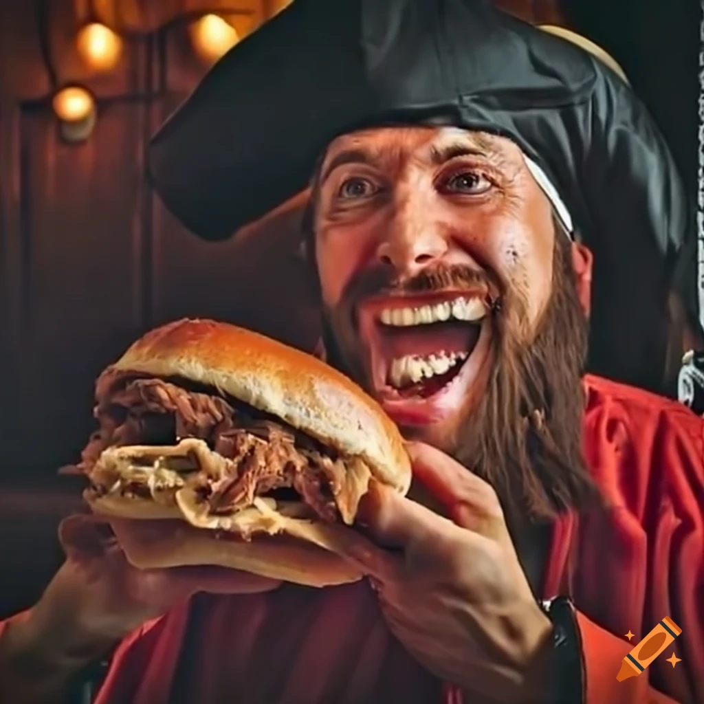 illustration of a pirate enjoying a pulled pork sandwich