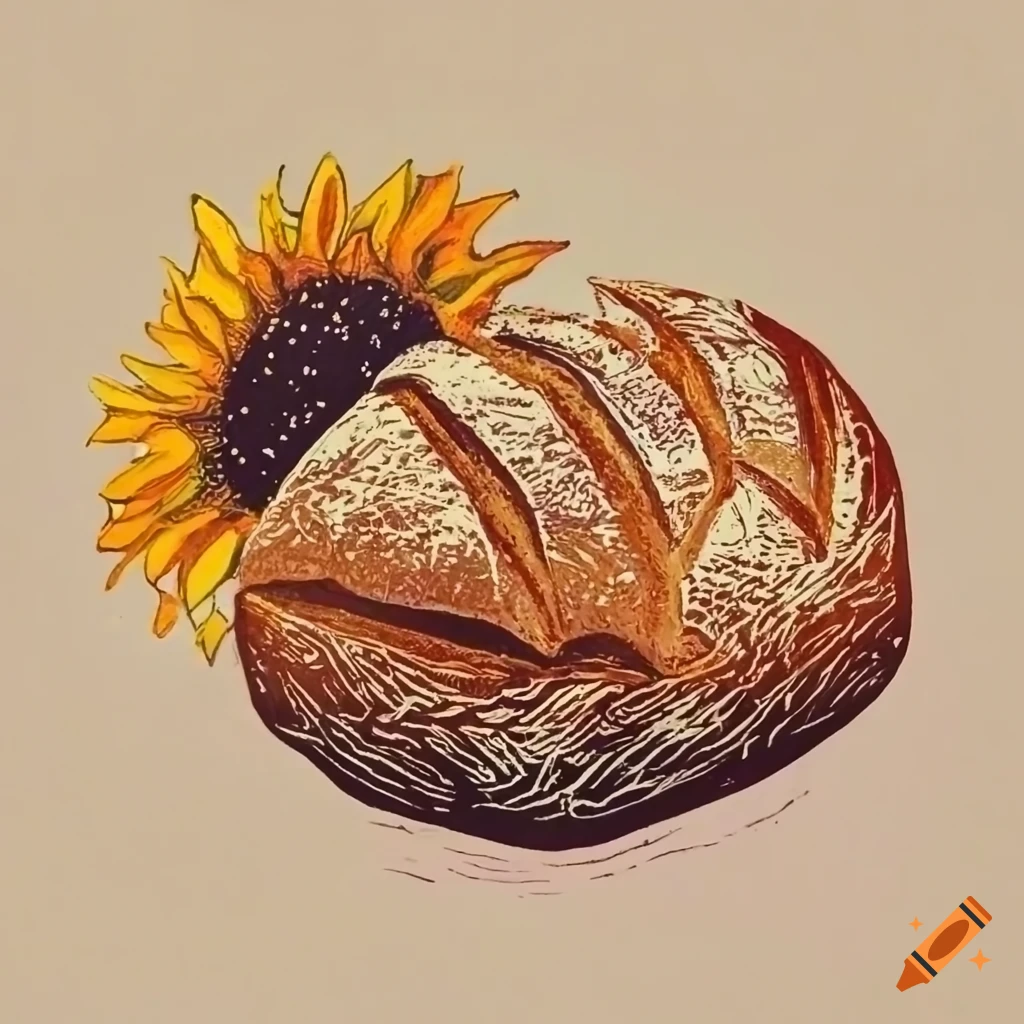 Homemade loaf bread with linocut sunflowers and wheat design on Craiyon