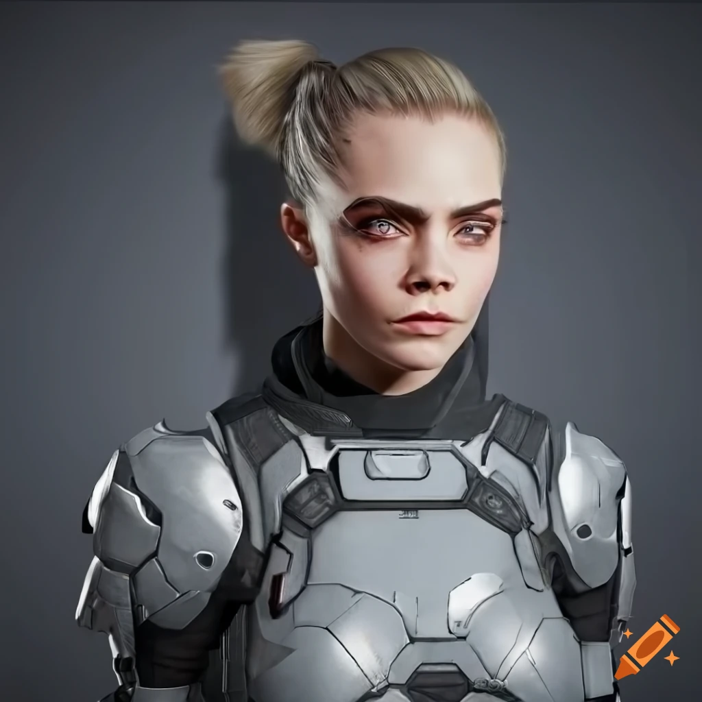 Scifi character with blondeblack hair and greyblack armor on Craiyon
