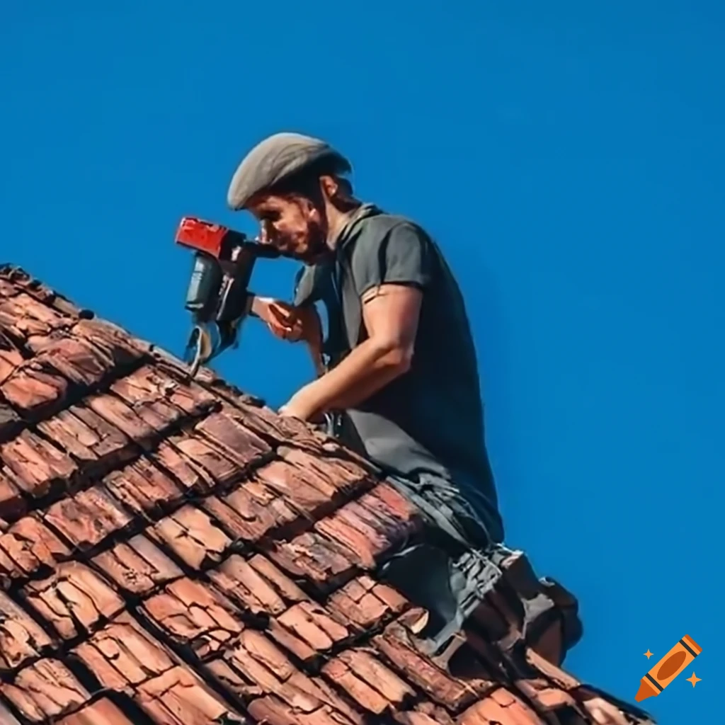 Man using a nail gun on a roof on Craiyon