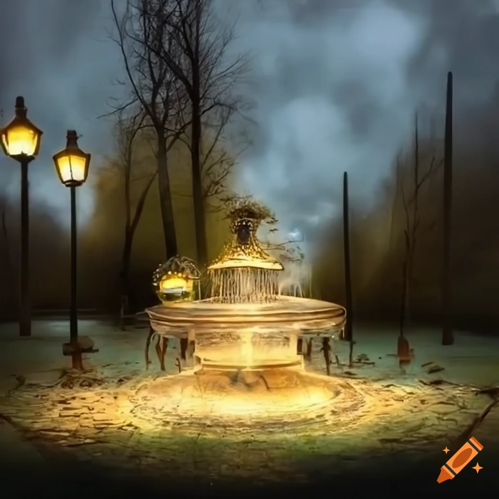 surrealist urban park with ornamental fences and lamps with eyes