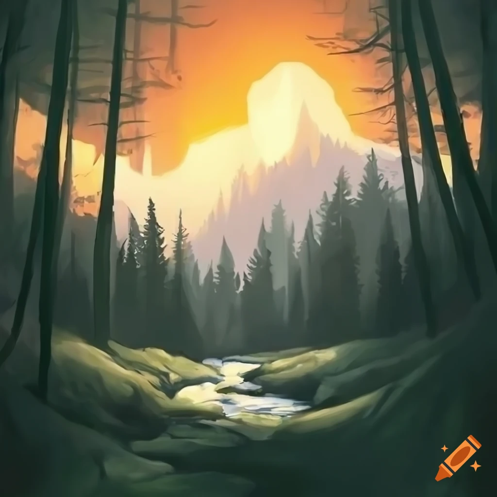 Photorealistic book cover of a forest with mountains on Craiyon