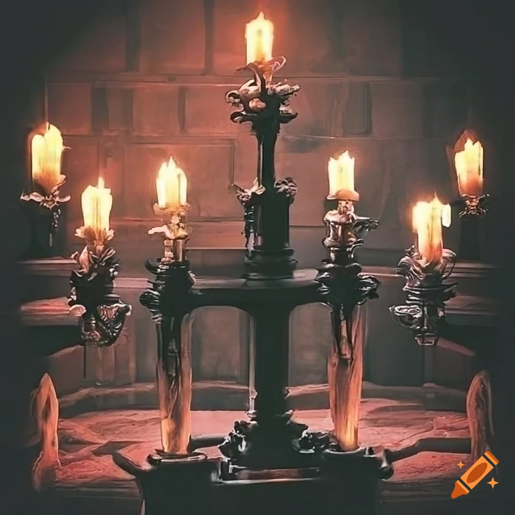 haunted church sanctuary with candelabras and classic car