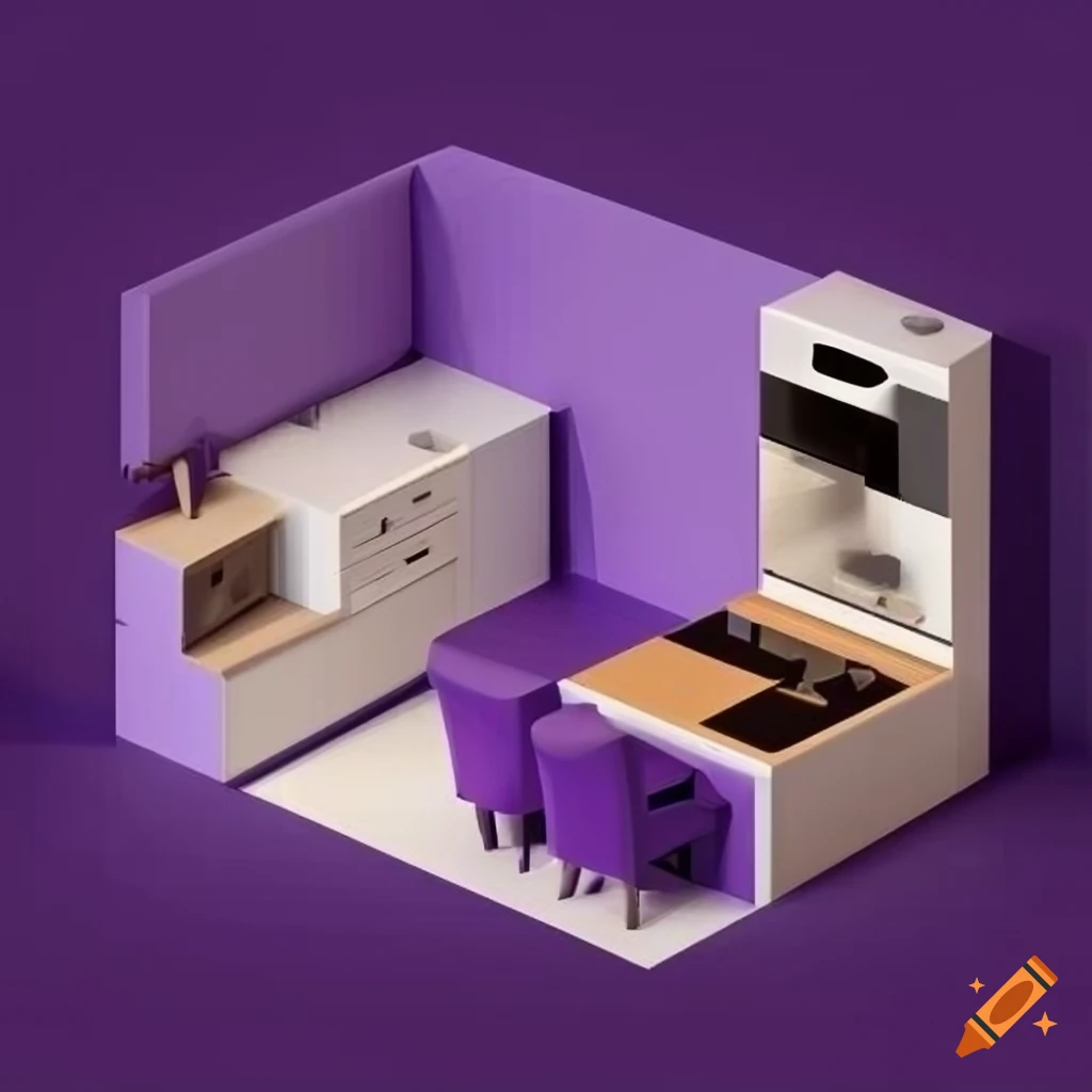cozy purple isometric cube room with kitchen and stairs