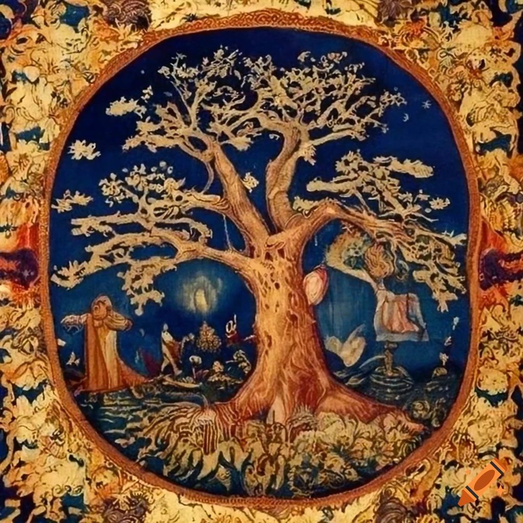 medieval tapestry with tree, moon, and stars