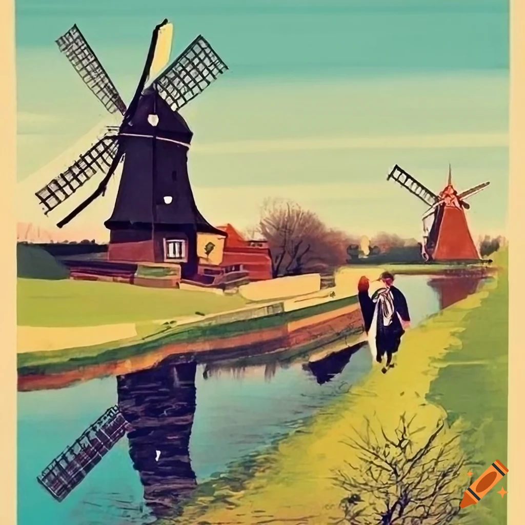 vintage travel poster of Rembrandt's windmill and canal scene