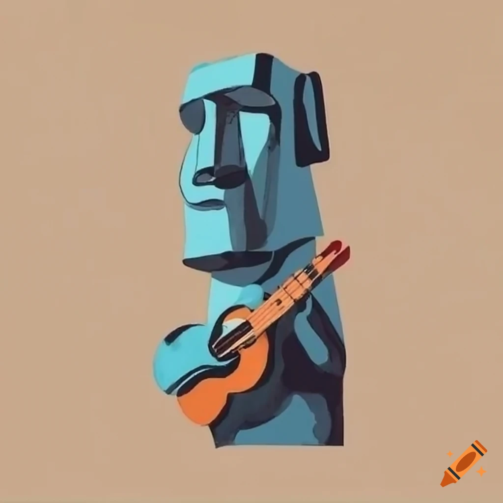 framed abstract painting of a cubist moai playing ukulele