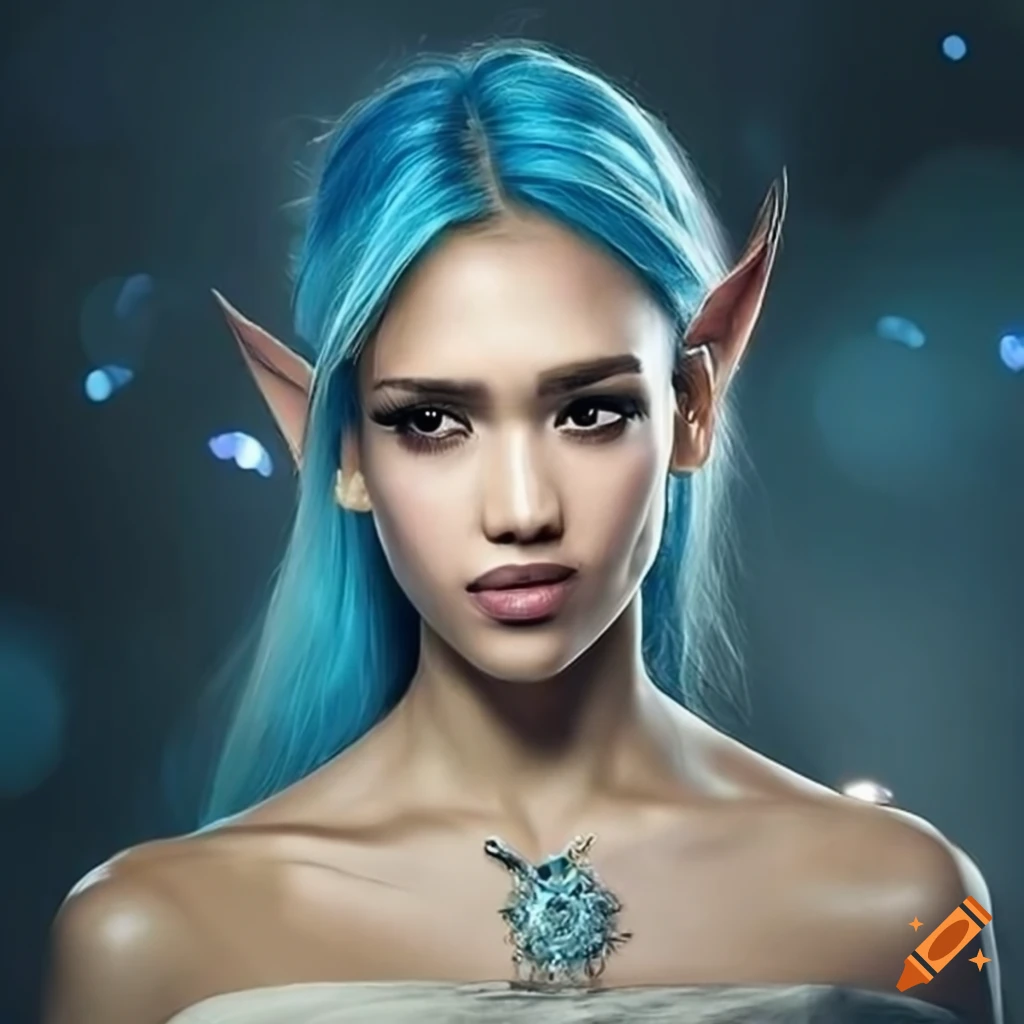 realistic depiction of Jessica Alba as a blue-haired elf