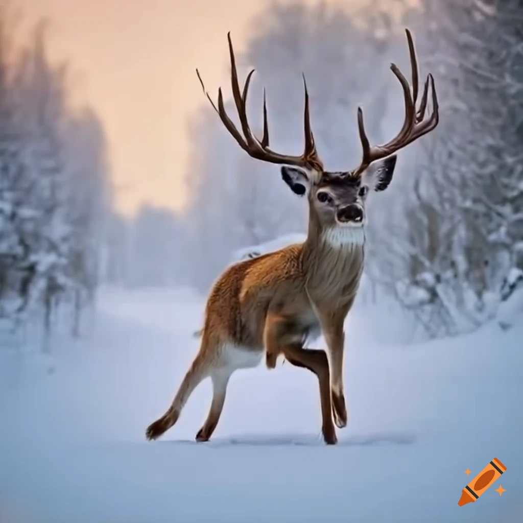 Deer running in the snow on Craiyon