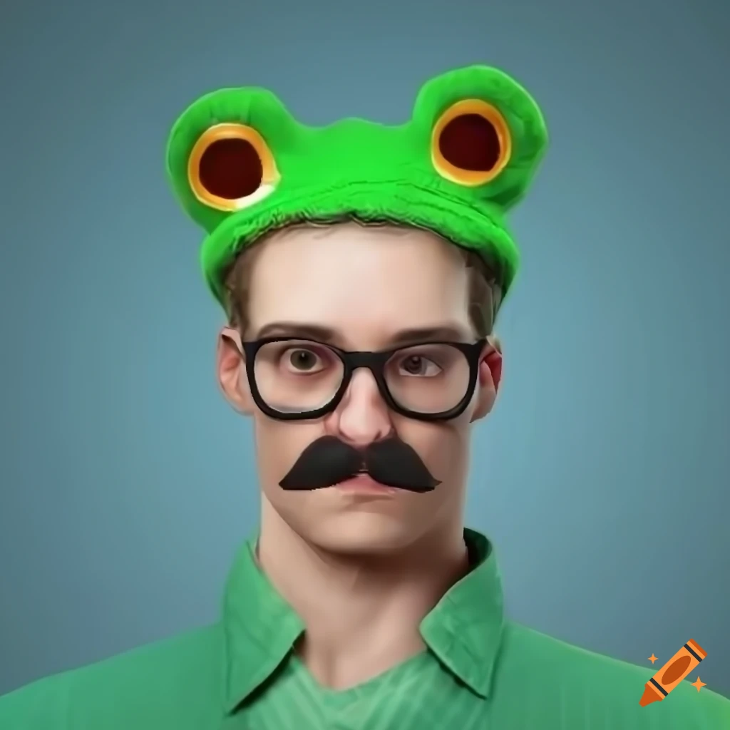 stylish man with a mustache wearing glasses and a frog hat in a game