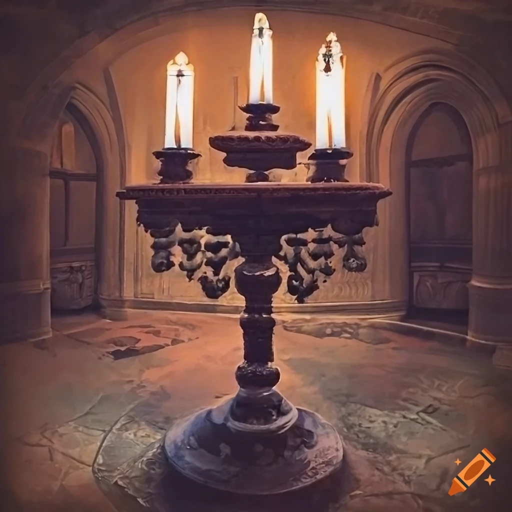 haunted church sanctuary with candelabras and classic car